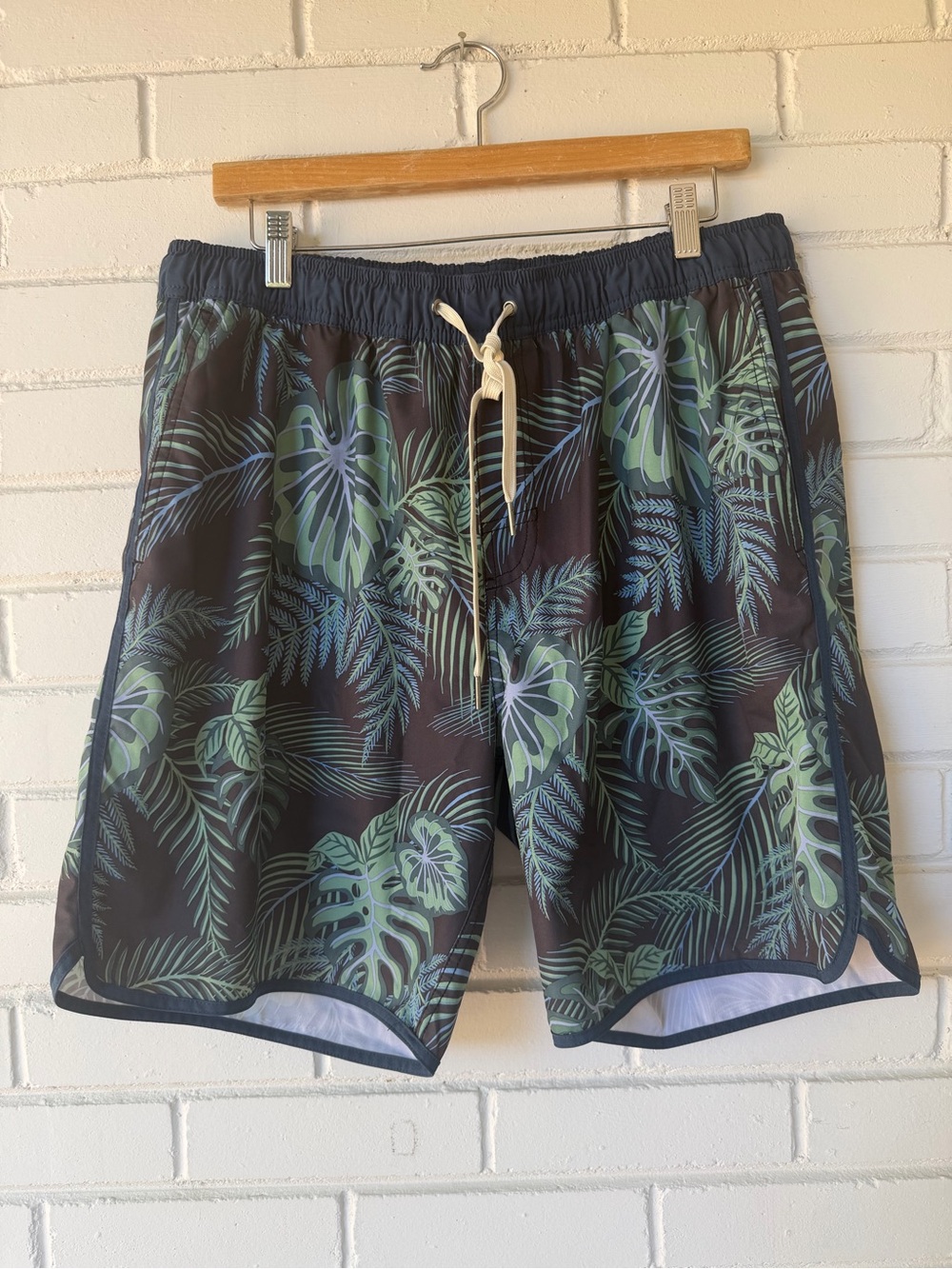 Fair Harbor Men's Navy Swim Trunks with Green Tropical Leaf Print